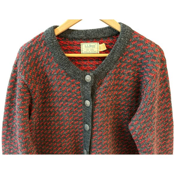 Vintage LL Bean Women's Gray Red Birdseye Button Front Cardigan Large Wool Blend - Picture 2 of 6